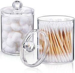 AOZITA Paquete de 2 almohadillas de algodón, dispensador de bastoncillos de algodón para bolas de algodón, hisopos, almohadillas redondas, hilo dental, juego de tarros de boticario de plástico