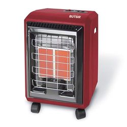 Estufa de gas, diseño elegante, color granate, eficiencia energética, ideal para calefacción de ambientes y uso doméstico.