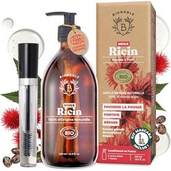 Bionoble Huile de Ricin Bio 500ml + Kit Mascara et Pompe - Bouteille en Verre - Pure, Naturelle, Pressée à Froid - Huile de Ricin pour Cheveux Cils Sourcils Ongles - Castor Oil