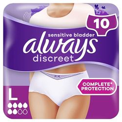 Always Discreet Incontinence Pants Women, Large, 10 Normal Absorbency Pants, Odour Neutraliser, Dress Size 16-22, for Sensitive Bladder