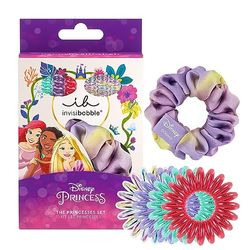 invisibobble Kids The Disney Princesses - Set of 7: 1 Scrunchie & 6 Spiral Hair Bobbles Multicoloured - Hair Accessories Girls, Hair Bobbles Girls Set, Exclusive Scrunchies & Hair Scrunchies Set