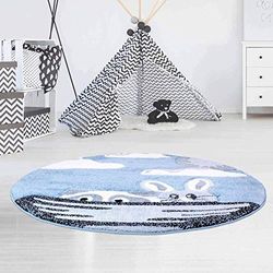 carpet city Alfombra Infantil Bueno de Pelo Plano, Corte Contorneado con Animales, Conejo, Mapache, Barco en Azul, para habitación Infantil, tamaño: 120 cm x 120 cm