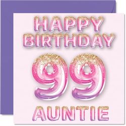 Tarjeta de cumpleaños número 99 para tía, globos de purpurina rosa y morada, tarjetas de feliz cumpleaños para tía de 99 años de edad de sobrino sobrina, tarjetas de felicitación de cumpleaños de 145