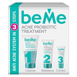 beMe Anti-acne 3-traps systeem met probiotica, Value Pack, 3-in-1 oplossing voor problematische huid, reinigingsgel, vochtinbrengende crème en corrector puistjessitck