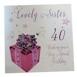 WHITE COTTON CARDS Tarjeta cumpleaños Hecha a Mano con Texto en inglés Pink Present, Lovely Sister 40 Wishing You A Special Birthday, Color Blanco, WB190-40, 16cm x 16cm