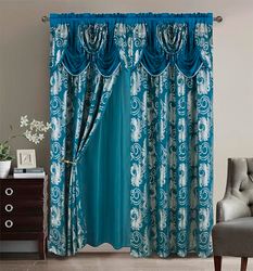 Golden Rugs Jacquard Luxury Curtain Window Panel Set with Attached Valance and Backing Bedroom Living Room Dining 110X84 inches Each Jana Collection, Turquoise Silver