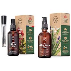 Bionoble Huile de Ricin Bio 100ml - 100% Pure, Naturelle et Pressée à Froid - Cils, Sourcils, Corps & Gel Aloe Vera Bio 100% Pur Aloe 100ml - Flacon Verre Recyclable + Pompe - Aloe Vera Gel Bio