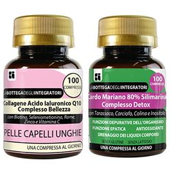 Set di Integratori Pelle Capelli Unghie + Depurativo | Collagene Ialuronico Q10 Complesso Bellezza 100 compresse + Cardo Mariano Complesso Detox 100 compresse | Senza glutine e lattosio