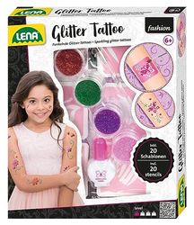 Lena 42440 - Fashion Glitter Tattoo, set de mode pour styliser et décorer avec 4 couleurs scintillantes, pinceau, latex et dix pochoirs, décoration corporelle lavable pour filles à partir de 6 ans