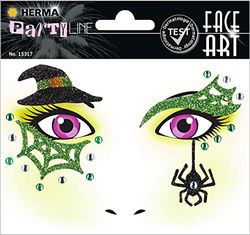 HERMA 15317 - Adesivo per viso con strega, dermatologicamente testato, rimovibile, tatuaggi temporanei, pittura per il viso glitterata, per carnevale, Halloween, bambini e adulti, colorato