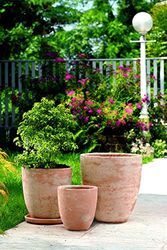 VASO IN TERRACOTTA + SOTTOVASO IN TERRACOTTA; DIAMETRO CM. 34, ALTEZZA CM. 37. FATTO A MANO CIOTOLA GIARDINO TERRAZZO FIORIERA IN COTTO NATURALE MADE IN ITALY