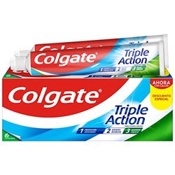 Colgate Tripla ação pasta de dentes, pack 2 unidades x 75 ml, creme dentífrico com fluor, pasta de dentes anticáries, ajuda a manter os dentes brancos, refresca o fôlego, para toda a família