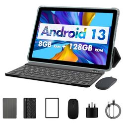 PRITOM 10-calowy tablet z systemem Android 13, 8 GB (4+4), 128 GB, rozszerzalny 1 TB, 8000 mAh, tablet WiFi, procesor Qcta, WiFi 6, tablet PC z klawiaturą, myszą, etui, Blueish Green
