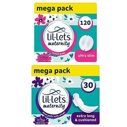 Lil-Lets Hospital Bag Essentials Bundle with Lil-Lets Maternity Maxi Pads X 30 Count and Maternity Breast Pads X 120 Count