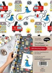 Geschenkpapier-Set für Kinder: Feuerwehr/Dinosaurier: 4 x Einzelbögen + 1 x Postkarte