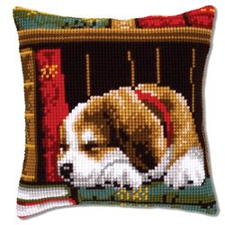 Vervaco Ponto cruz kit almofada decorativa cão dormindo artesanato adultos decoração bordar kit iniciantes completo DIY bordado criativo presente ca. 40 x 40 cm Cross Stitch Embroidery