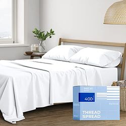 THREAD SPREAD Parure de lit 4 pièces 100% Coton 400 Fils au Pouce carré, série Glee, Tissu satiné avec Poche Profonde, draps en Coton égyptien de qualité hôtelière pour Grand lit, Blanc