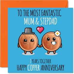 Leuke koperen verjaardagskaart voor mama en stiefvader - 7 jaar samen - gelukkige 7e huwelijksverjaardagskaarten voor stiefvader moeder, 145 mm x 145 mm wenskaarten voor zevende jubilea