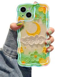 EYZUTAK Fodral för iPhone 14 Plus/iPhone 15 Plus, färgglad retro oljemålning blomma laser, söt lockig vågkant, utsökt telefonskydd, stilfullt hållbart TPU-skyddande fodral för flickor kvinnor –