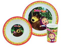 005844 MASHA E MICHKA - Set da pranzo composto da piatto, ciotola e bicchiere per bambini