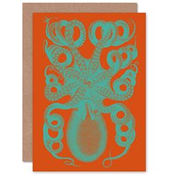 Wee Blue Coo Octopus Coral Blue Red Greeting Card With Envelope Inside Premium Quality