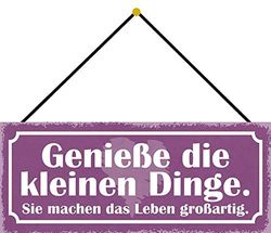 Schatzmix Blechschild Spruch Genieße Die kleinen Dinge. Metallschild 27x10 Deko mit Kordel Targa di Metallo da Parete, Lamiera, Multicolore, 27x10 cm