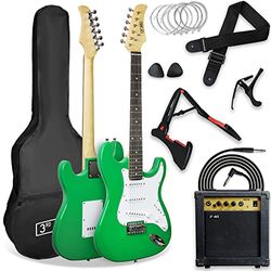 3rd Avenue Ultimat elgitarrpaket med 3rd Avenue XF-elgitarr i fullstorlek 4/4 med 10 W förstärkare, kabel, stativ, fodral, axelband, extrasträngar, plektrum, capo – grön