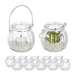 Relaxdays Portavelas Cristal, Set de 12, Porta Velas con Asa, 7,5 x 8 cm, Recipientes Vidrio Redondos, Transparente, 80% 20% Hierro