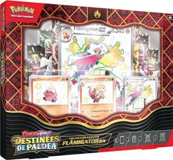 Pokémon JCC Colección Premium Escarlata y Violeta - Destinos de Paldea - Flâmigator-ex (3 Tarjetas promocionales Brillantes texturizadas, 1 Tarjeta de Gran Formato y 8 Refuerzos)