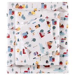 Sleep Philosophy True North - Sábanas de Franela 100% algodón, Acogedor, Pesado, Cepillado para Mayor suavidad, Ropa de Cama cálida Estampada, tamaño Matrimonio, 4 Piezas, Estampado Blanco Pueblo