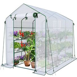 VOUNOT Serra da Giardino 143x215x195 cm con Porta Avvolgibile e Finestra di Osservazione, Mini Serra Orto Vivaio per Piante 12 Ripiani per Fiori Verdure Crescita, Bianco