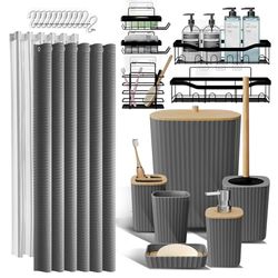 Clara Clark Ensemble de 25 Accessoires de Salle de Bain Modernes rustiques bohèmes Gris avec Panier de Douche, Porte-Brosse à Dents, Distributeur de Savon, Poubelle, Brosse de Toilette, Rideau de