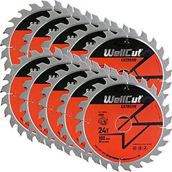 WellCut TCT zaagblad 190mm x 24T x 30mm boring geschikt voor HS7601J, HS7100, 5704R, 5703R, DWE576 Pack van 10