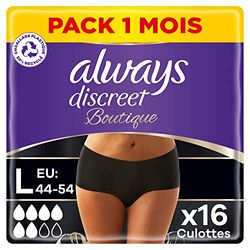 Always Discreet Boutique,16 Culottes Incontinence Femme,Plus 6 Gouttes,Sous-Vêtements Taille L Basse,Noire,Protection Très Absorbante pour Fuites Urinaires Importantes ou post accouchement,Pack 1 Mois