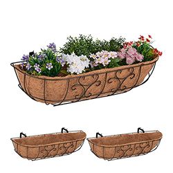 Relaxdays Blomlåda balkong, set om 3, balkonglådor för hängning, järn och kokosfiber, HBT 21 x 76 x 22 cm, brun/natur