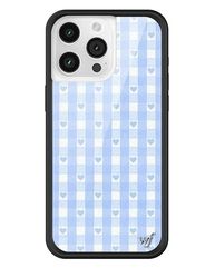 Wildflower Hoesjes - Blauwe Gingham Hartjes, Compatibel met Apple iPhone 15 Pro Max | Geruit, Uniek, Schattig, Trendy - Beschermende Zwarte Bumper, 1,20 m Drop Test Gecertificeerd, Vrouwen Eigendom