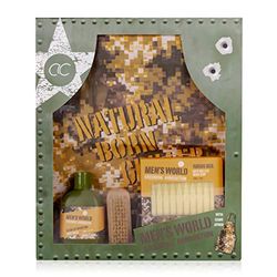 Accentra - Set regalo Men's World, Born to Grill per uomini, gel doccia, sapone a forma di munizione, spazzola in legno e grembiule