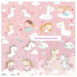 Unicorn coloring book: little girls playing in a room. The design is suitable for children's furniture and wallpaper, featuring cute cartoon drawings ... detailed, colorful cheerful aesthetic.