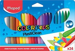 Maped - Ceras coloridas para crianças - Plasticlean - 24 pinturas de cera de cores - 1 lado de precisão e 1 lado liso - não susujar as mãos - fáceis de afiar