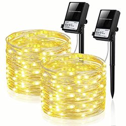 koopower Lot de 2 guirlandes lumineuses solaires et à piles - 100 LED - 10 m - Étanche - Fil argenté - 8 modes et minuterie - Pour Noël, jardin, terrasse, mariage, fête