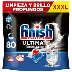 Finish Powerball Ultimate Infinity Shine, pastilhas para máquina de lavar louça com poder removedor de gorduras e proteção de vidro, 80 pastilhas