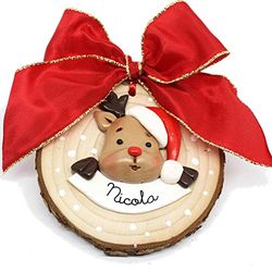 Decorazione per albero di Natale su disco di legno con renna e nome