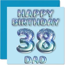Tarjeta de cumpleaños número 38 para papá, globos de fiesta con purpurina azul, tarjetas de feliz cumpleaños para papá de 38 años, padre de hijo e hija, tarjetas de felicitación de cumpleaños de 145
