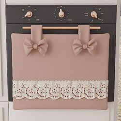 PETTI Artigiani Italiani - Oven Cover, Elegant Oven Cover, Shabby Chic Solid Colour Oven Cover with Lace Frill and Bows, Cotton Oven Cover, Oven Cover 50 x 42 cm Powder