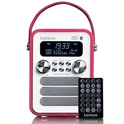 Lenco PDR-051 bärbar DAB+ retroradio – PLL FM-radio med Bluetooth – integrerat batteri – 1 800 mAh – klocka och timer – 5 watt RMS – fjärrkontroll – rosa