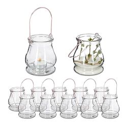 Relaxdays Lot de 12 photophores, Porte-Bougies avec Anse en métal, intérieur et extérieur, HxD: 10 x 8,5 cm, Transparent