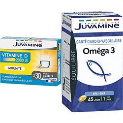 JUVAMINE – VITAMINE D 2000 UI – Immunité – Vitamine B12, Vitamine C, Vitamine D3 et Zinc – 30 gélules – 1 gélule par jour & Oméga 3 - Santé Cardio-Vasculaire - 45 Capsules