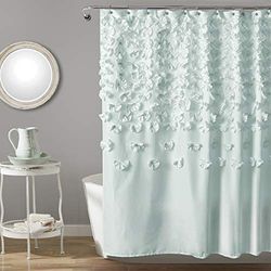 Lush Decor Lucia Shower Curtain - Fabric, Ruched, Floral, Textured Vintage Chic, Farmhouse Style Design, 72” x 72”, Blue