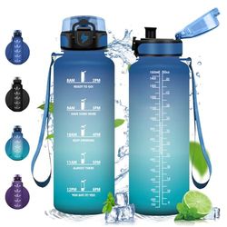 Vikastar Botella Agua, 1.5L Prueba de Fugas, Botella Agua Gimnasio, Marcador de Tiempo, Botella de Agua, Reutilizable, Cantimplora, Motivacional, Botella Gym, para Fitness, Camping, Azul Verde
