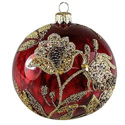 Silverado Natale ornamento fatto di vetro, palla da 10 cm, fiori d'oro su palla burgundy di marmo